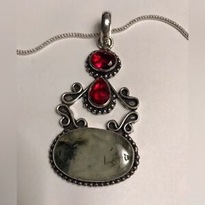 Prehnite Garnet Stamped 925 Sterling Silver Necklace